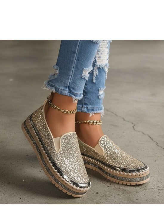 JoliMall Shoes - Glitter Platform Slip-On Loafers in Gold